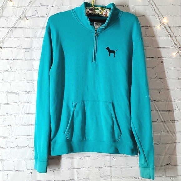 PINK Victoria's Secret Tops - 2014 Victoria's Secret PINK Teal Collared Quarter Zip Long Sleeve Sweatshirt Med